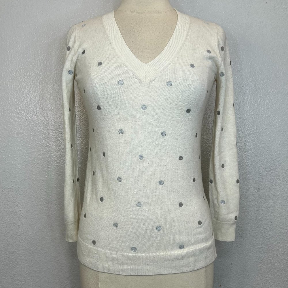 J. Crew Wool Blend V-Neck Pullover Sweater two tone with Gray Polka Dot Size S